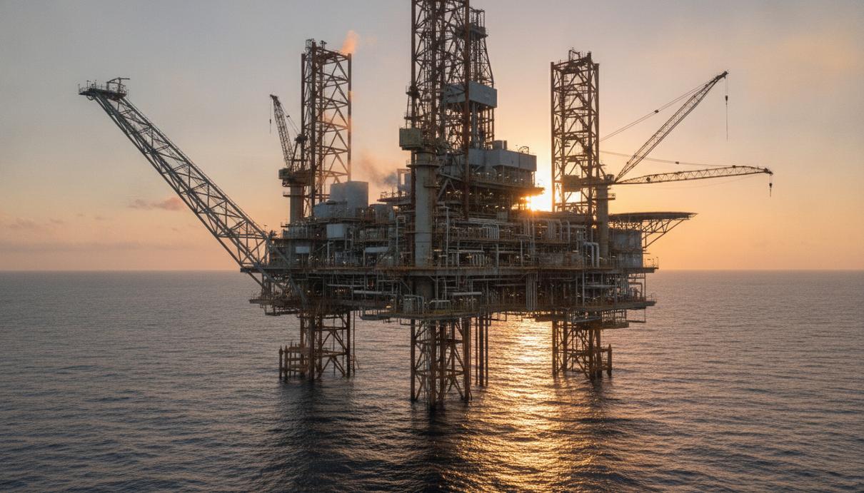 Морская платформа для добычи природного газа в Карибском море на рассвете. Вид на промышленное сооружение в океане.