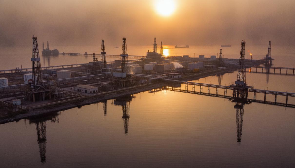 Нефтегазовый промысел с вышками и трубопроводами на берегу озера Маракайбо в Венесуэле на закате.