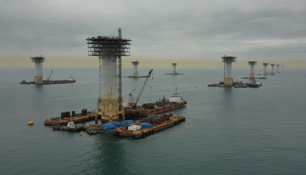 США заплатят Invenergy $765 млн за отказ от морских ветропарков Основания морских ветряных турбин, установленные в открытом море, на фоне пасмурного неба. Строительство остановлено.