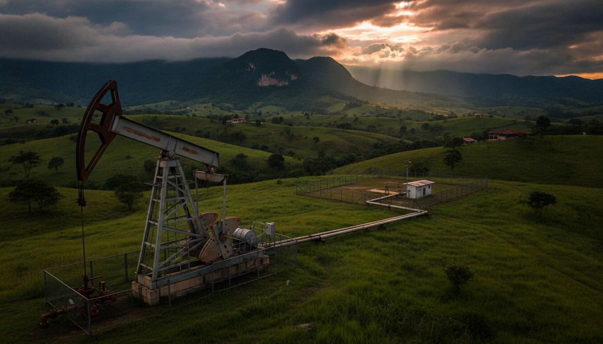 Нефтяная вышка-качалка на фоне зеленых холмов в сельской местности Колумбии.