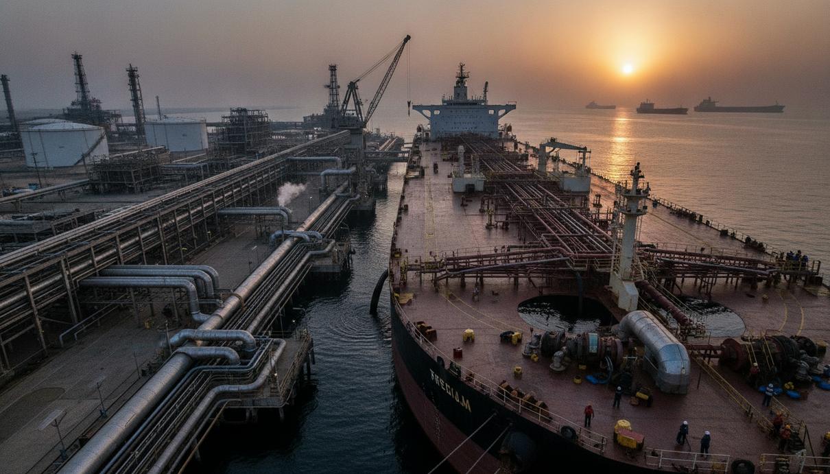 Нефтяной танкер у причала иранского экспортного терминала в Персидском заливе на рассвете.