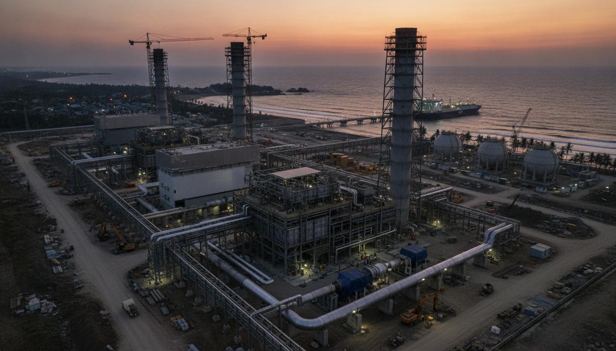 Крупная газовая электростанция Куангчать II на побережье Вьетнама на стадии строительства, видны промышленные корпуса и турбины.