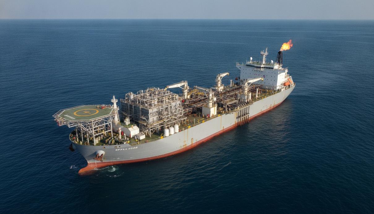 Плавучая установка для добычи, хранения и отгрузки нефти (FPSO) в Атлантическом океане у побережья Анголы.