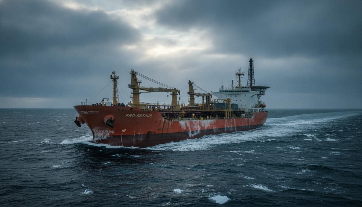 Плавучая установка для добычи, хранения и отгрузки нефти (FPSO) в холодных водах Баренцева моря под пасмурным небом.