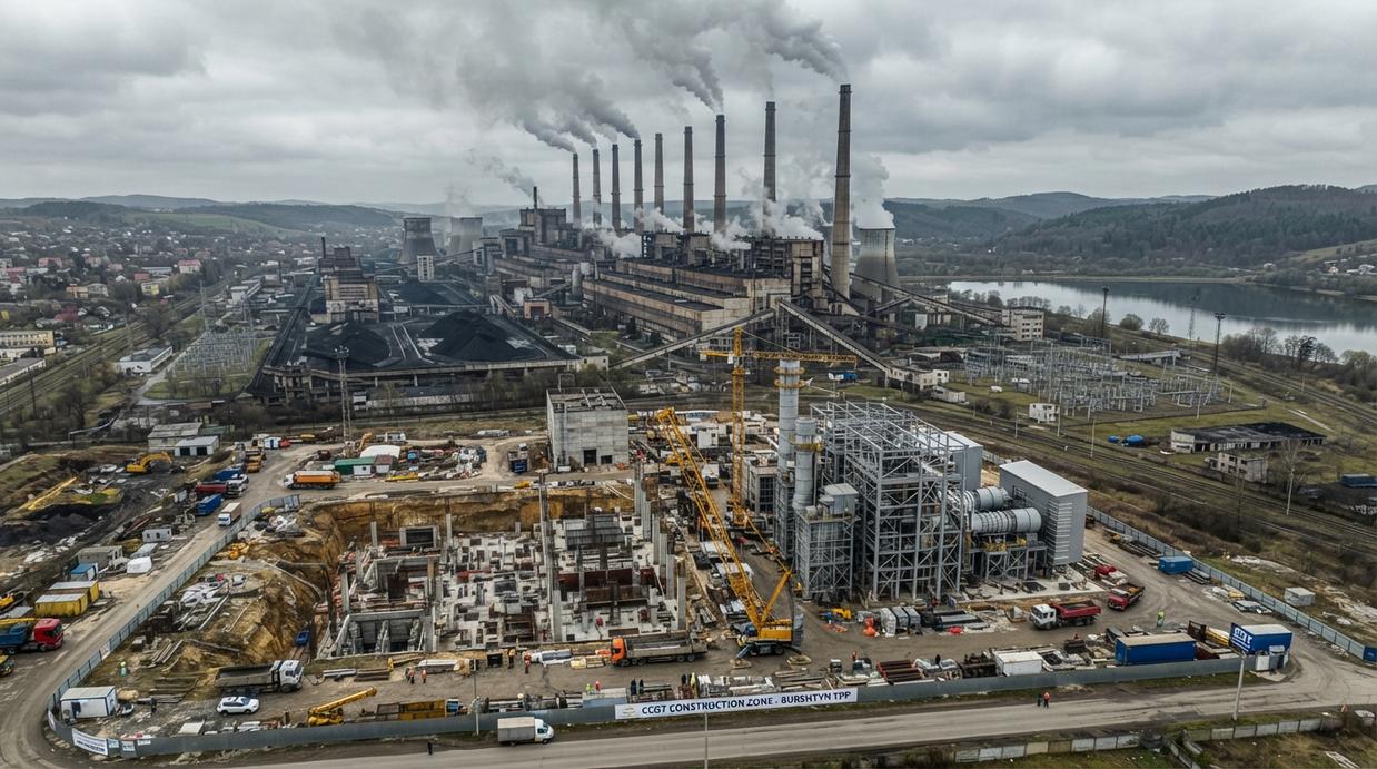 Строительная площадка новой парогазовой установки на фоне действующих энергоблоков Бурштынской угольной ТЭС, вид сверху.