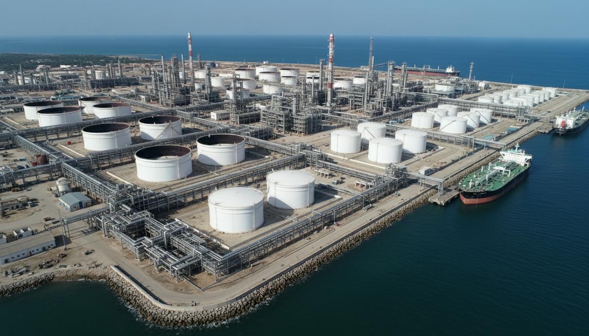 Китайская Sentuo Group увеличит мощность НПЗ в Гане до 5 млн тонн Нефтеперерабатывающий завод с резервуарами для хранения топлива и ректификационными колоннами на побережье Ганы.