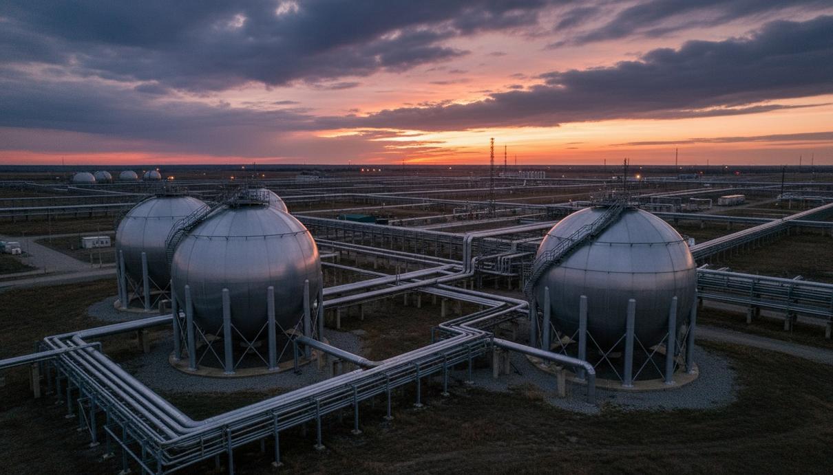 Expand Energy покупает газового трейдера Twin Eagle за $1,25 млрд Сферические резервуары и трубопроводы на крупном газохранилище на фоне заката.