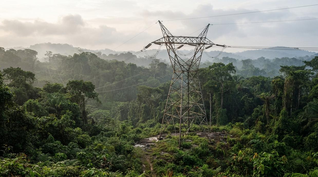 Габон создаст новую госкомпанию для реформы электроэнергетики Опора высоковольтной линии электропередачи в густых тропических лесах Габона в утренней дымке.