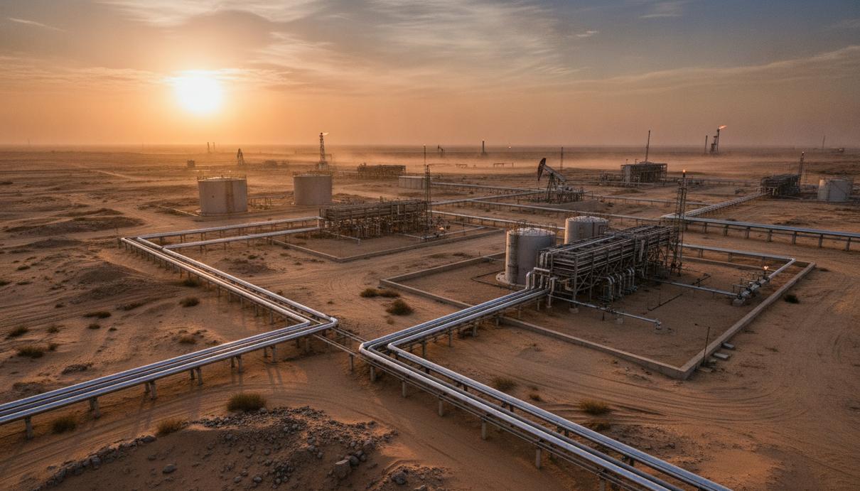 Ирак намерен нарастить добычу нефти до 7 млн баррелей в сутки за три года Нефтедобывающий комплекс и трубопроводы в пустыне Ирака на рассвете.