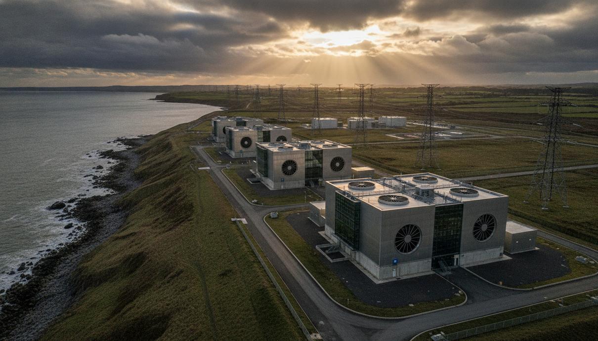 Консорциум SGE претендует на строительство АЭС в Британии за £35 млрд Современная атомная электростанция с несколькими энергоблоками малых модульных реакторов на фоне британского пейзажа.