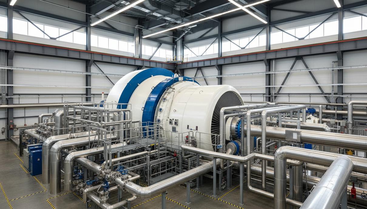 Pembina построит в Канаде ТЭС для дата-центра за 4 млрд CAD Современная газовая турбина Siemens в машинном зале новой электростанции, окруженная металлическими конструкциями и трубопроводами.