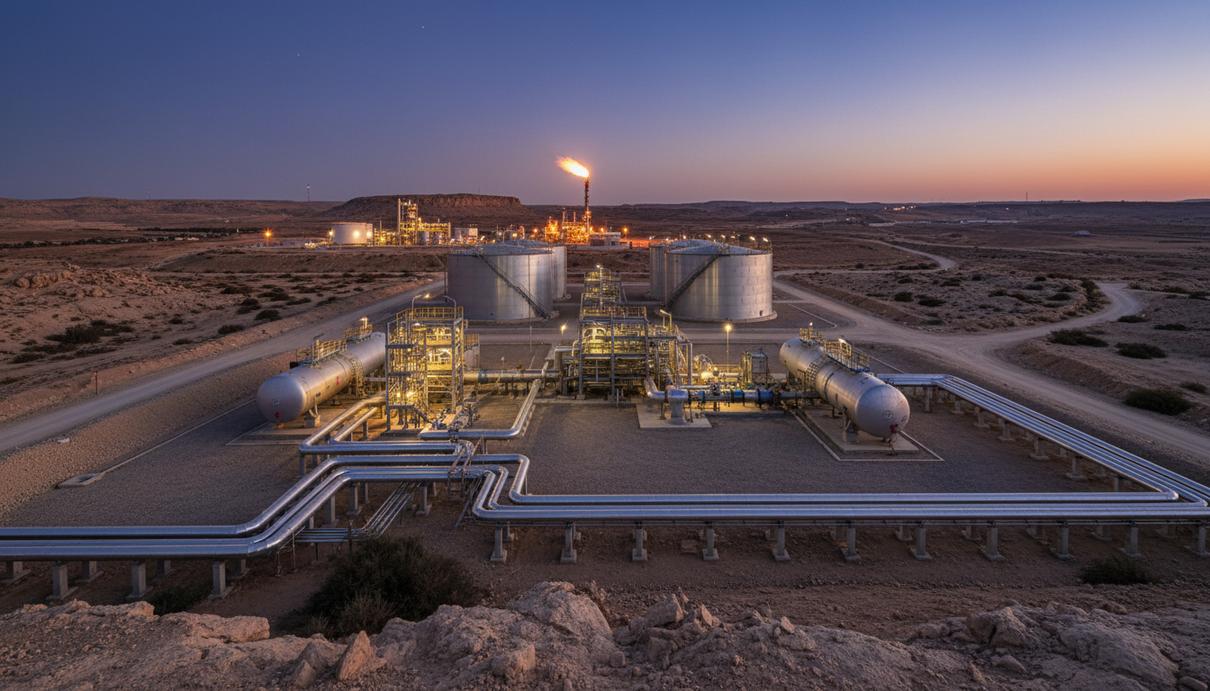 Саудовская ADES поможет Сирии нарастить добычу газа в Хомсе Промышленный объект по добыче газа в сирийской пустыне. Трубопроводы, резервуары и газовый факел на закате.
