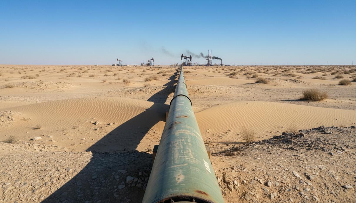 Нефтепровод, проложенный через пустынный ландшафт в Ираке, на фоне нефтяных вышек на горизонте.