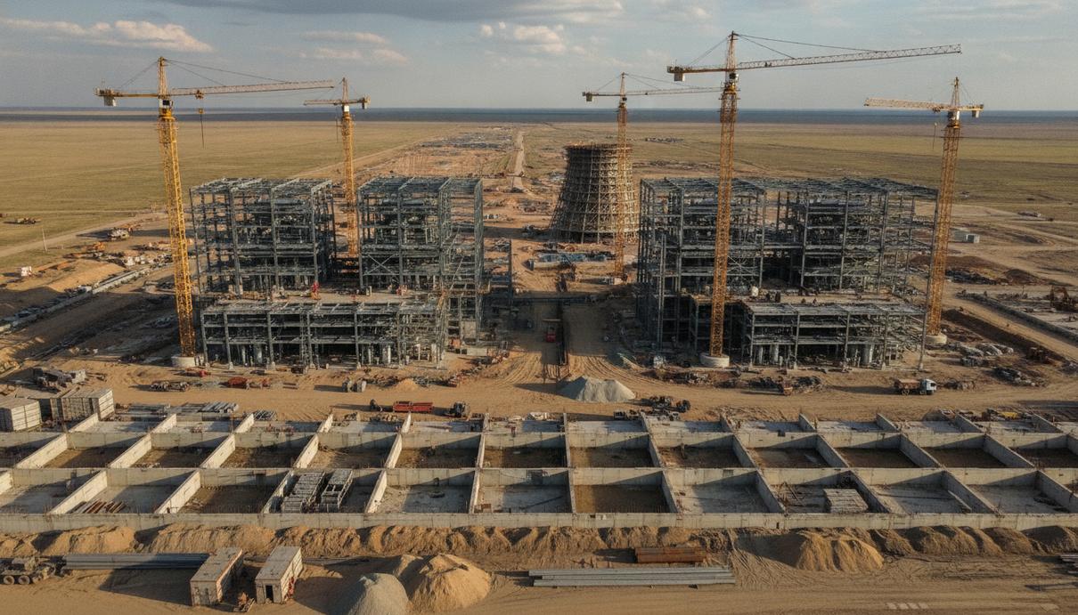 Строительная площадка новой угольной теплоэлектростанции в казахской степи. Стальные каркасы, краны и бетонные сооружения.