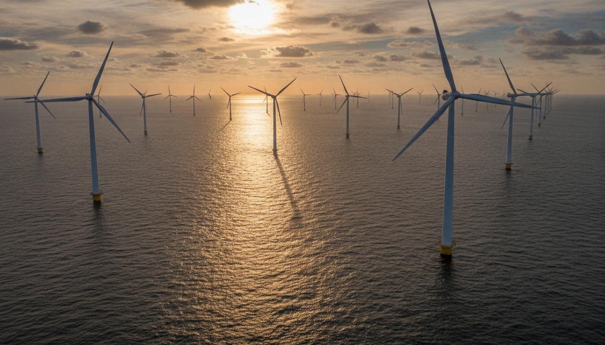 В Нидерландах начала работу морская ВЭС Hollandse Kust West на 760 МВт Морская ветроэлектростанция Hollandse Kust West в Северном море. Ряды ветрогенераторов, уходящие за горизонт.