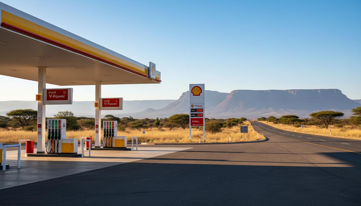 ADNOC приобретает сбытовой бизнес Shell в ЮАР за $1 млрд Современная автозаправочная станция Shell на шоссе в ЮАР, на заднем плане видны невысокие горы и сухая растительность.