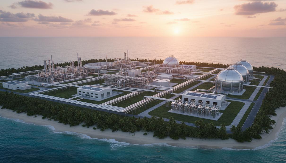 Dangote Group построит крупнейший в Восточной Африке НПЗ в Кении Современный нефтеперерабатывающий завод с трубопроводами и резервуарами для хранения на побережье тропического острова, вид с воздуха.