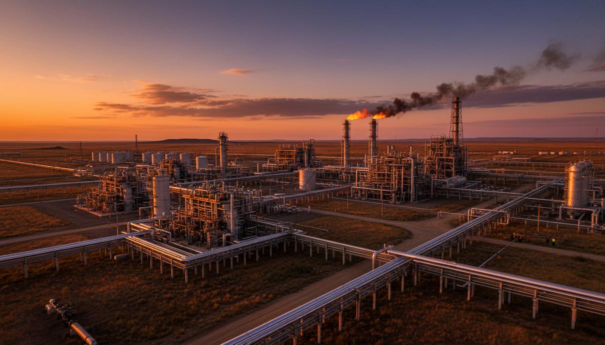 Газоперерабатывающий завод в степях Казахстана на закате, вид на промышленные установки и трубопроводы.