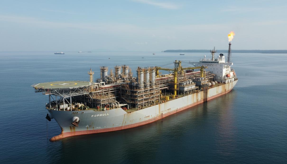 Плавучая установка для добычи, хранения и отгрузки нефти и газа (FPSO) на морском месторождении в Индонезии, вид с воздуха.