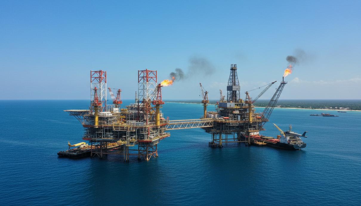 ExxonMobil вложит $1 млрд в добычу нефти в Нигерии после 10-летней паузы Морская нефтедобывающая платформа с буровыми установками в океане у побережья Нигерии.