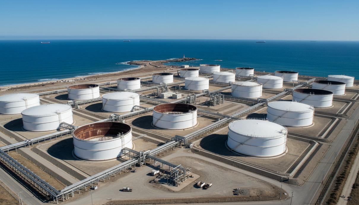 ONGC построит в Индии стратегический резерв нефти на 1,75 млн тонн Крупные белые резервуары для хранения нефти на территории стратегического нефтехранилища, соединенные трубопроводами.