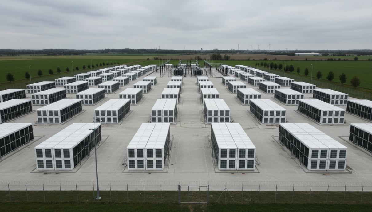 GIGA Storage привлекла €450 млн на систему накопления энергии в Бельгии Аккумуляторная станция хранения энергии в промышленной зоне. Белые контейнеры с оборудованием стоят ровными рядами.