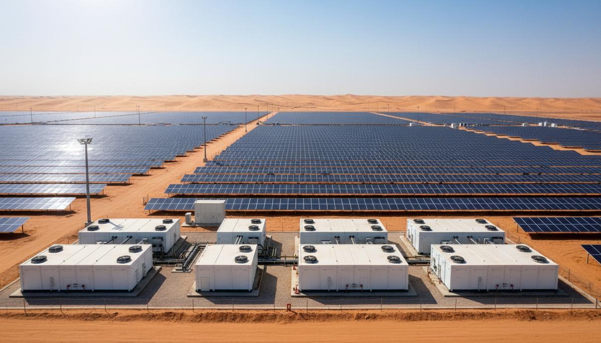 Masdar привлекла $5,1 млрд на солнечный проект с накопителем в ОАЭ Солнечная электростанция с рядами панелей и комплекс аккумуляторных батарей в пустыне Объединённых Арабских Эмиратов.