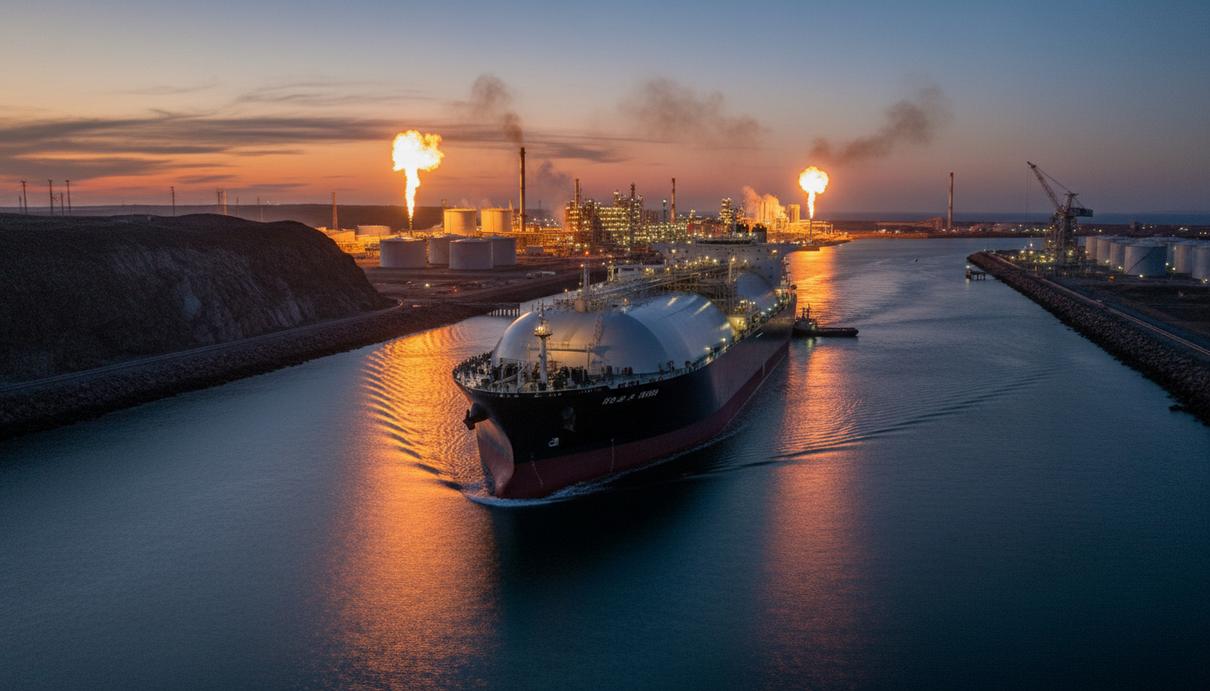 Танкер-газовоз для перевозки СПГ на фоне морского терминала с резервуарами и факельными установками в сумерках.