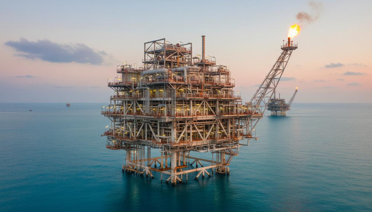 Морская газодобывающая платформа в Персидском заливе на рассвете. Вид на стальные конструкции, трубопроводы и факельную вышку.