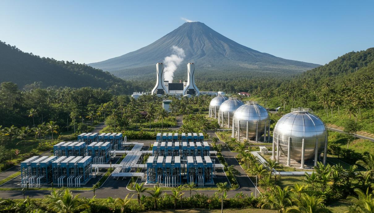 Завод по производству зеленого водорода и геотермальная электростанция в тропической долине на фоне вулкана в Индонезии.