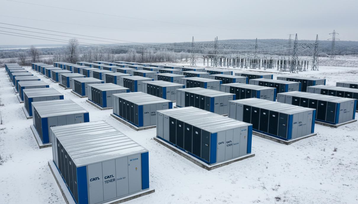 Система накопления энергии в контейнерах на фоне зимнего пейзажа. Ряды аккумуляторных блоков и подстанция в Болгарии.