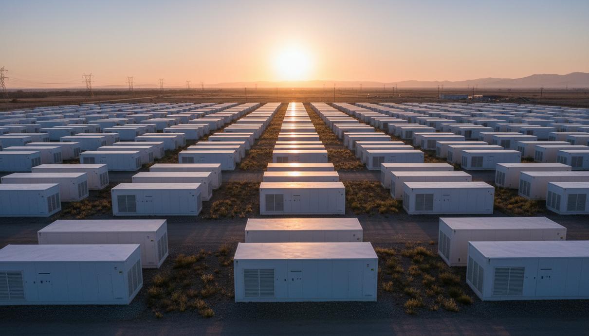 Brookfield покупает Aypa Power за $7 млрд для выхода на рынок накопителей Крупная станция накопления энергии: длинные ряды белых промышленных контейнеров в поле на рассвете.