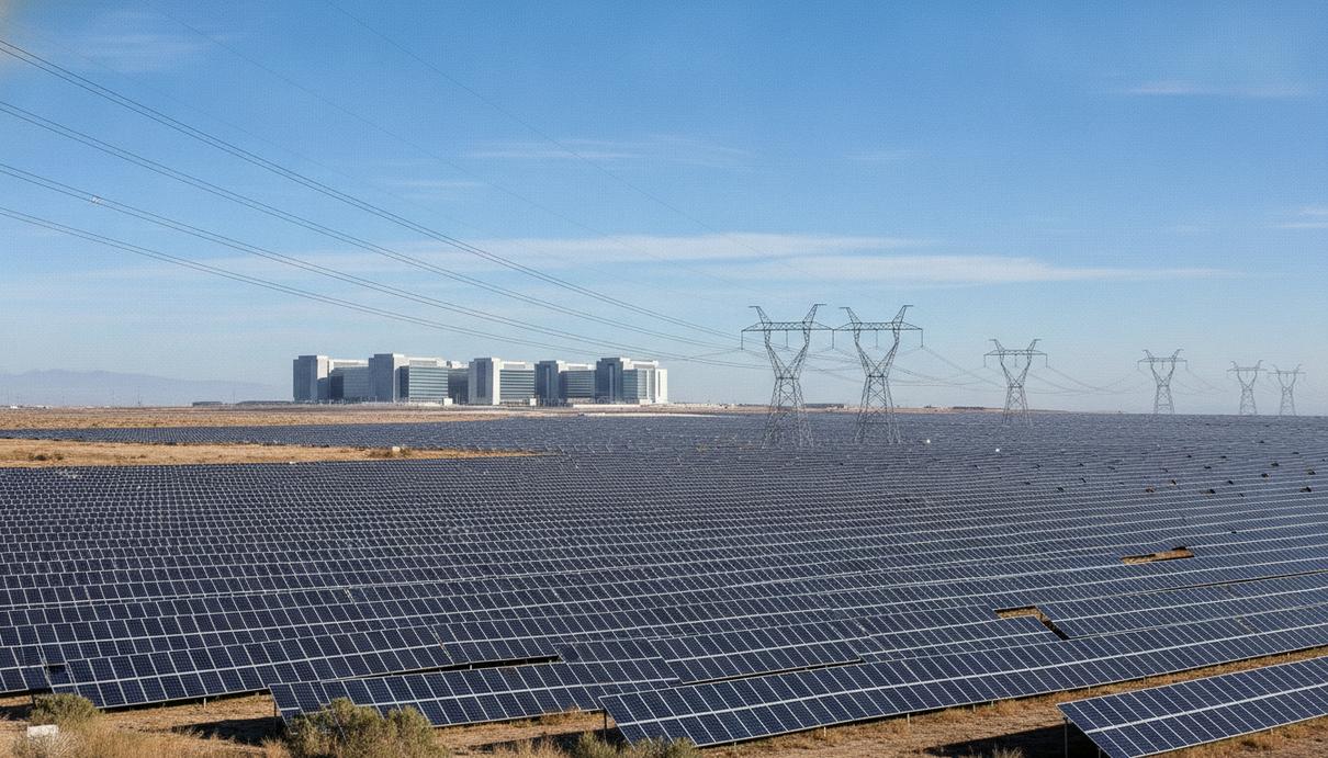 MN8 Energy покупает Greenbacker для энергоснабжения дата-центров в США Солнечная электростанция с рядами панелей на переднем плане и зданиями современного центра обработки данных на горизонте.