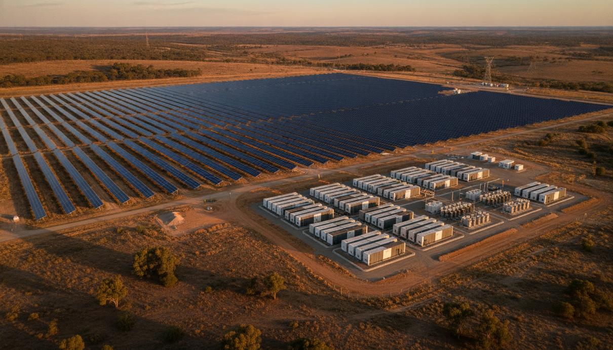 Ark Energy вложит $910 млн в СЭС с накопителем в Австралии Ряды солнечных панелей на большой электростанции рядом с блоками системы накопления энергии в австралийском пейзаже.