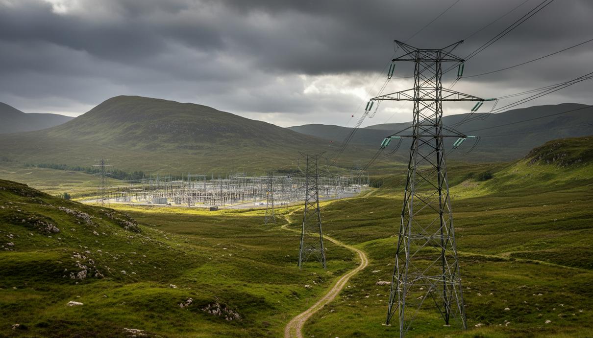 SP Energy Networks модернизирует ЛЭП в Шотландии для 1 ГВт ВИЭ Высоковольтные опоры ЛЭП и электроподстанция на фоне зеленых холмов в сельской местности Шотландии.