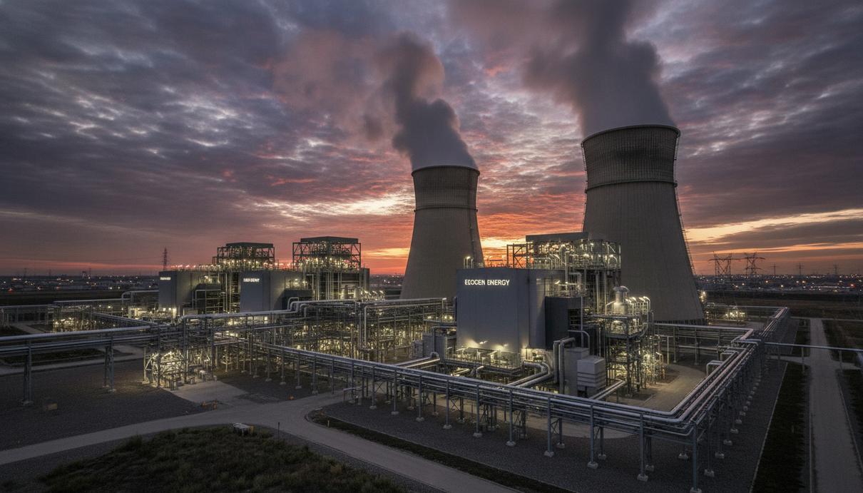 Ameren построит в Миссури газовую ТЭС мощностью 2,1 ГВт Современная парогазовая электростанция на закате, градирни с паром, промышленные трубы и сооружения.