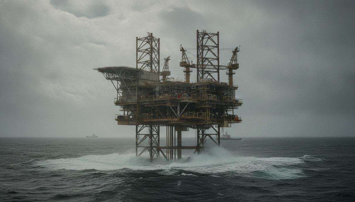 Нефтегазовая платформа в Северном море в пасмурную погоду. Стальные конструкции на фоне серого неба и неспокойного моря.