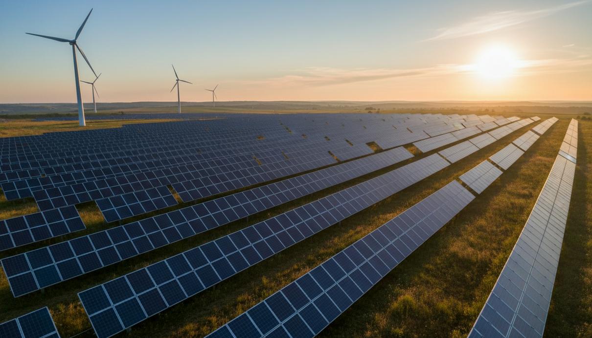 TotalEnergies покупает портфель Shell и продает долю в активах KKR Солнечная электростанция с рядами фотоэлектрических панелей и ветрогенераторы на фоне европейского пейзажа.