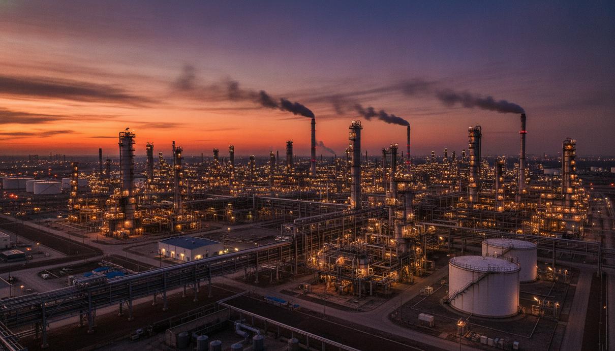 Семь стран ОПЕК+ с сентября увеличат добычу нефти на 188 тыс. б/с Нефтеперерабатывающий завод с трубами и резервуарами на фоне закатного неба.