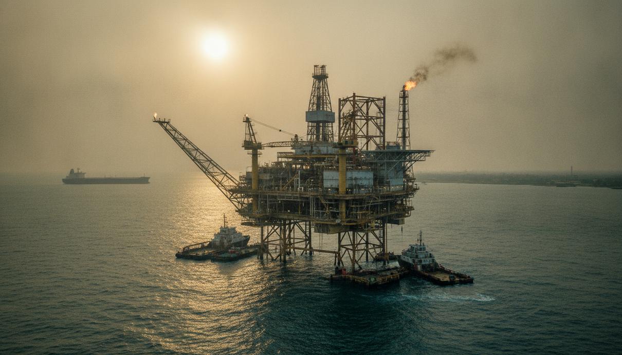 Морская нефтедобывающая платформа в Гвинейском заливе у побережья Нигерии, на заднем плане виден нефтяной танкер.