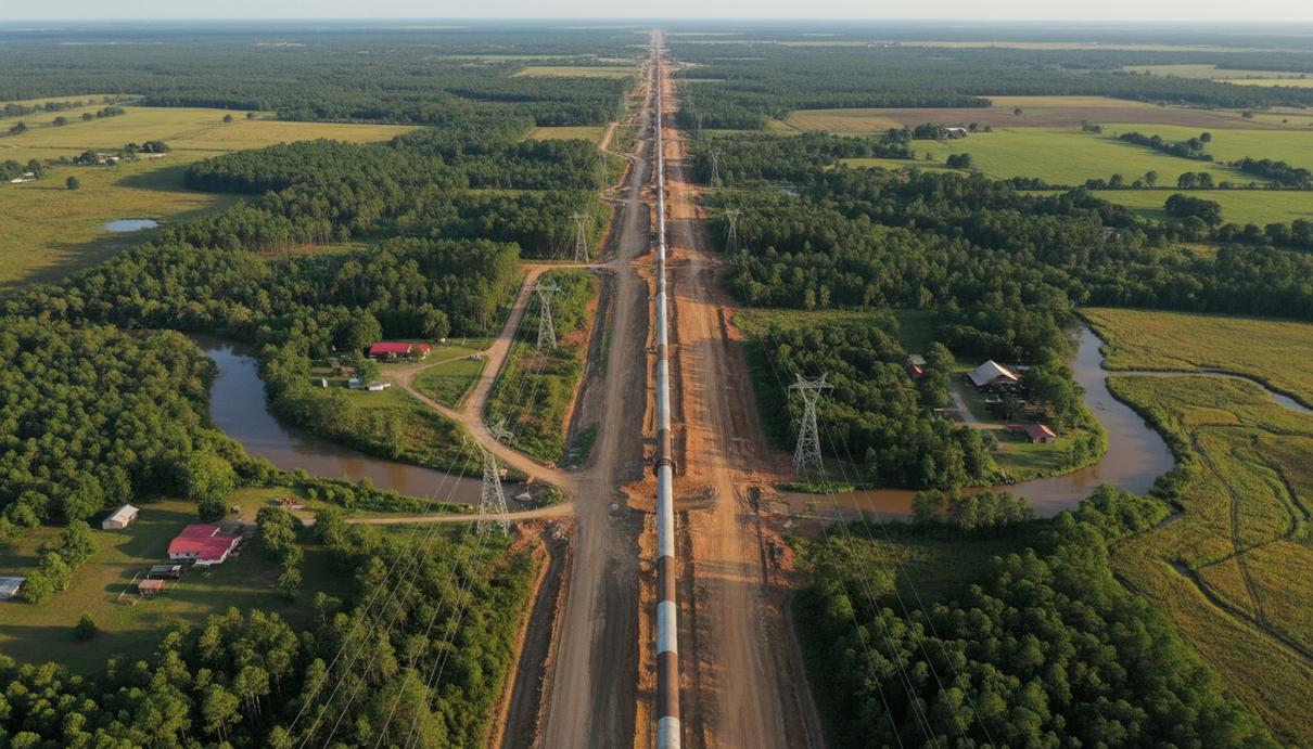 Магистральный газопровод, проложенный через лесистую местность сланцевого бассейна Хейнсвилл в США, вид с воздуха.