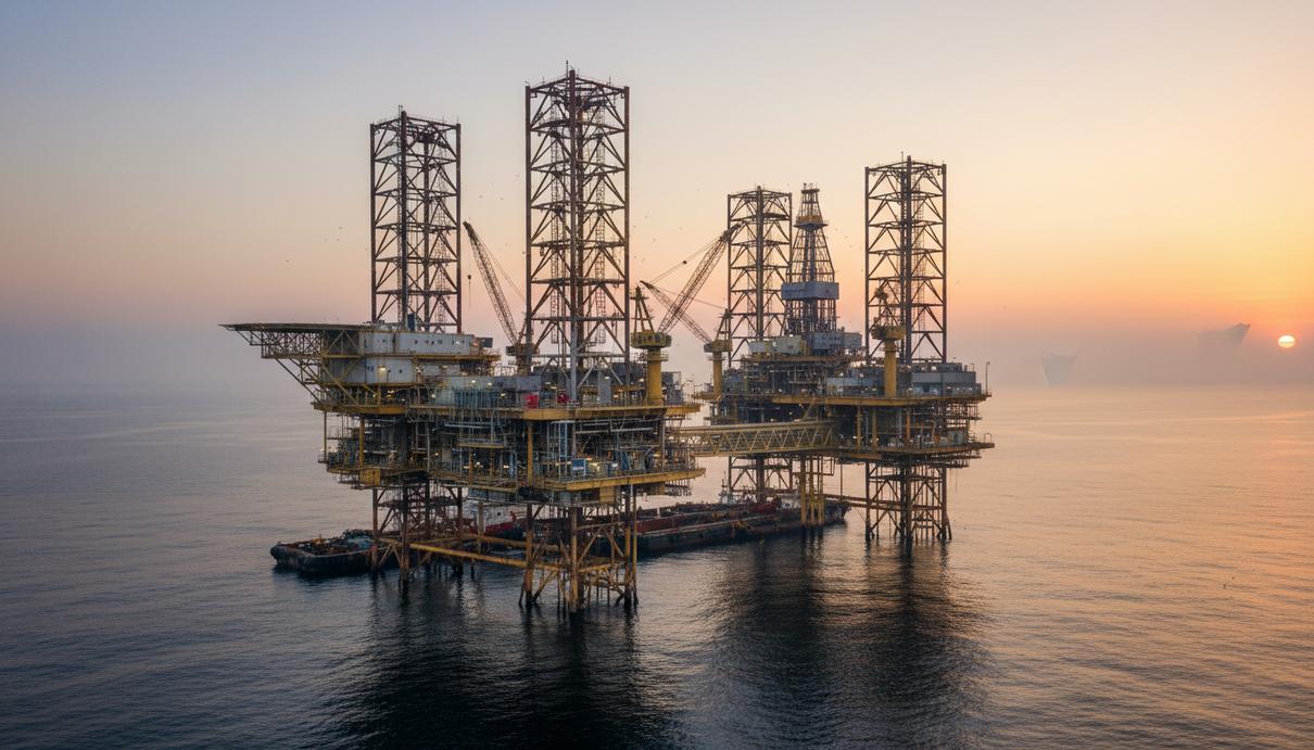 Морская нефтегазовая платформа для бурения и добычи в Индийском океане на рассвете.