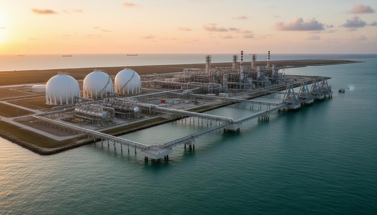 В Техасе согласовывают новый СПГ-завод на 19,2 млн тонн с улавливанием CO2 Современный терминал по экспорту СПГ на побережье Техаса. Большие сферические резервуары для хранения газа, трубопроводы и причал.