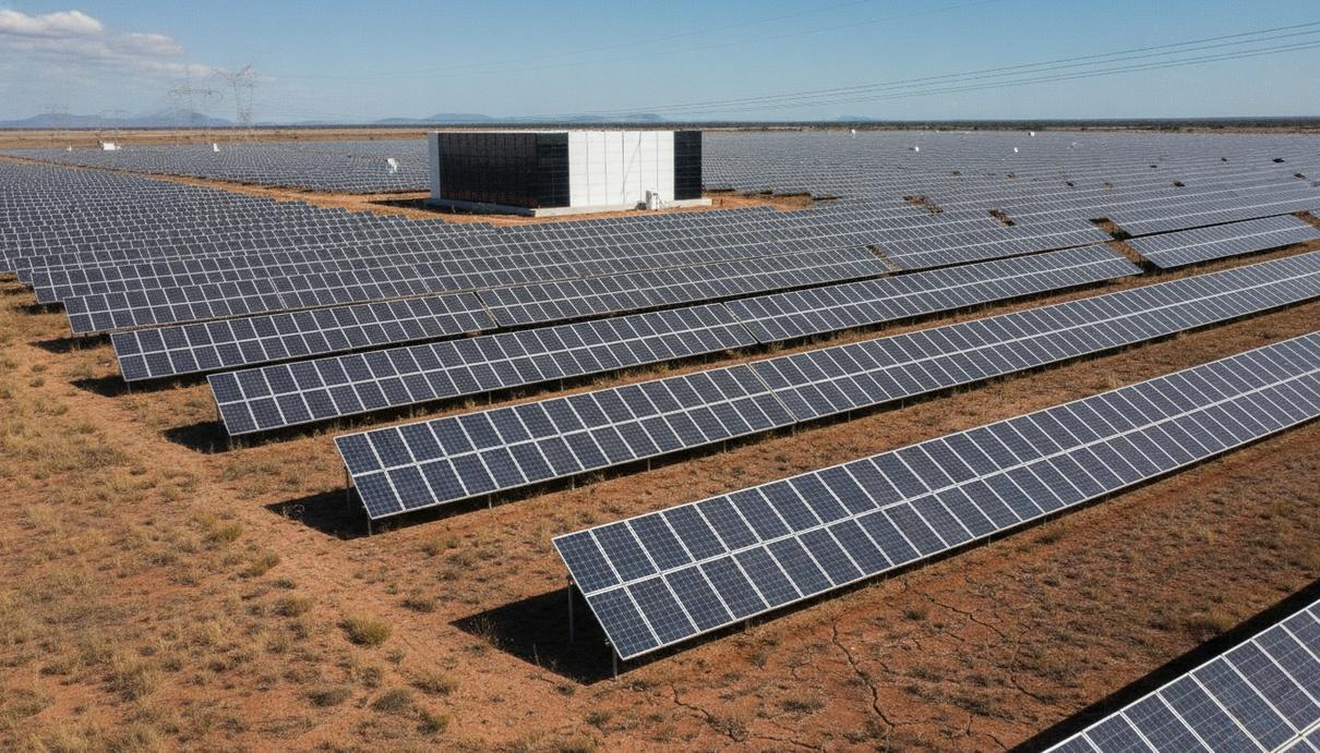 Edify Energy привлекла $2,3 млрд на гибридные СЭС и СНЭ в Австралии Поле солнечных панелей в Северном Квинсленде, Австралия. На фоне виден комплекс систем накопления энергии.