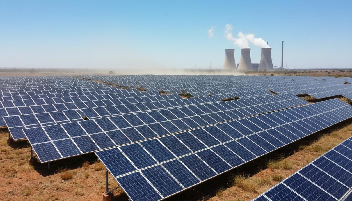 AEMO: энергосистеме Австралии не грозит дефицит до 2030 года Поле солнечных панелей в Австралии, простирающееся до горизонта. На заднем плане видны градирни угольной электростанции.