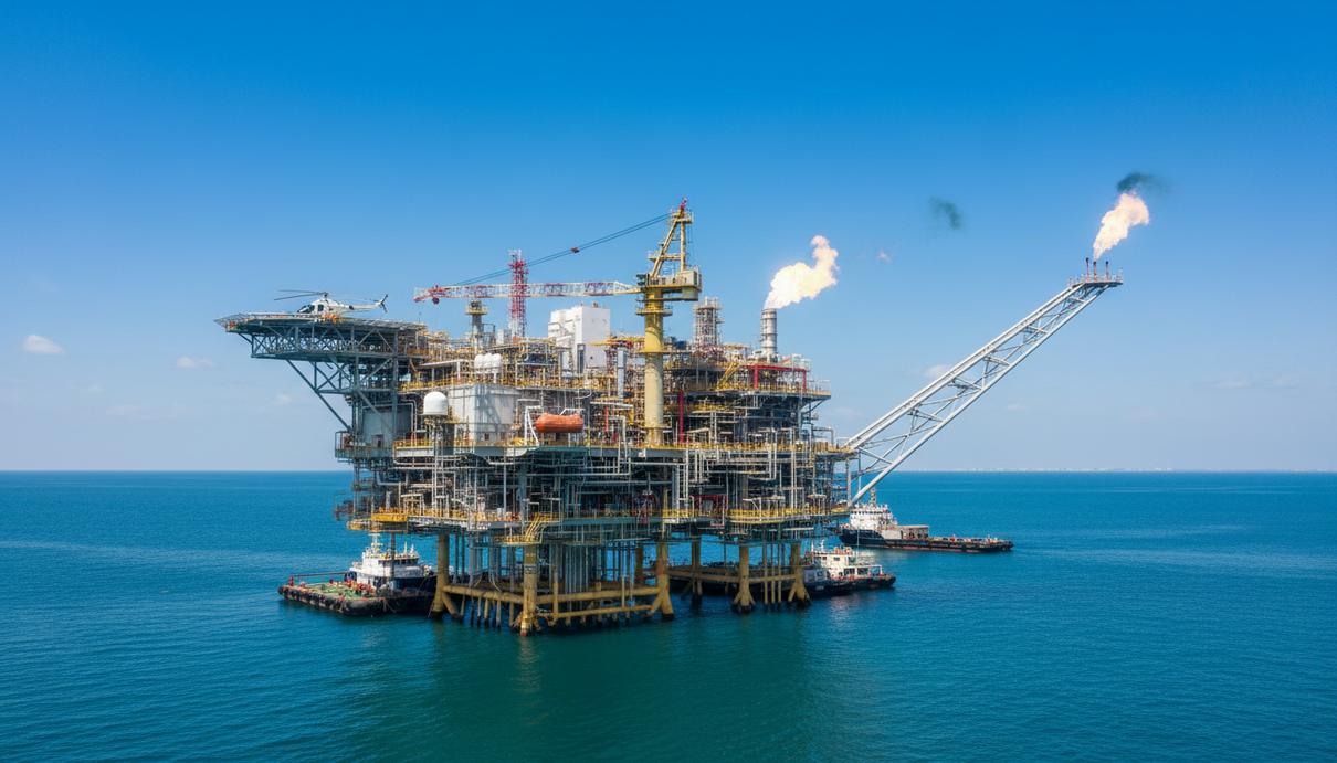 Морская газодобывающая платформа в Персидском заливе на фоне чистого неба. Видны верхние строения с трубами и оборудованием.