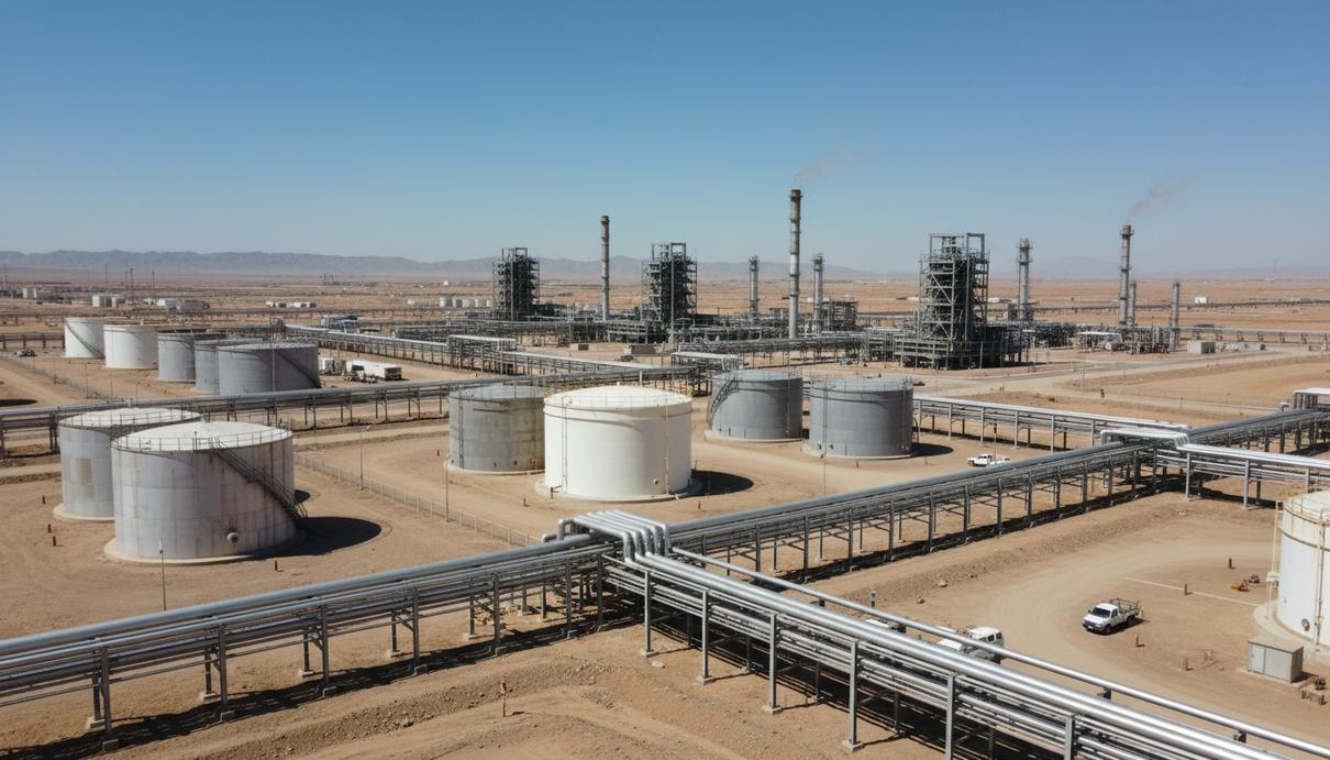 Промышленный пейзаж с нефтеперерабатывающими установками, трубопроводами и резервуарами на месторождении Южный Азадеган в Иране