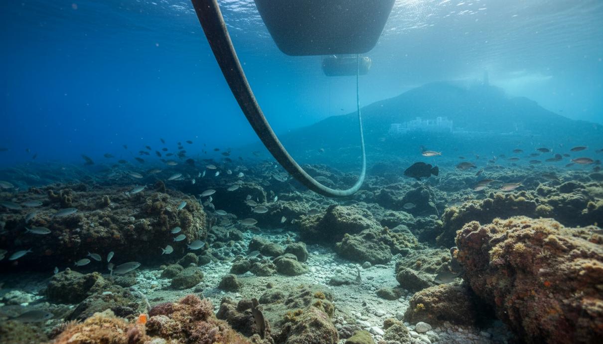 Высоковольтный подводный силовой кабель на дне Эгейского моря, на заднем плане виден греческий остров.