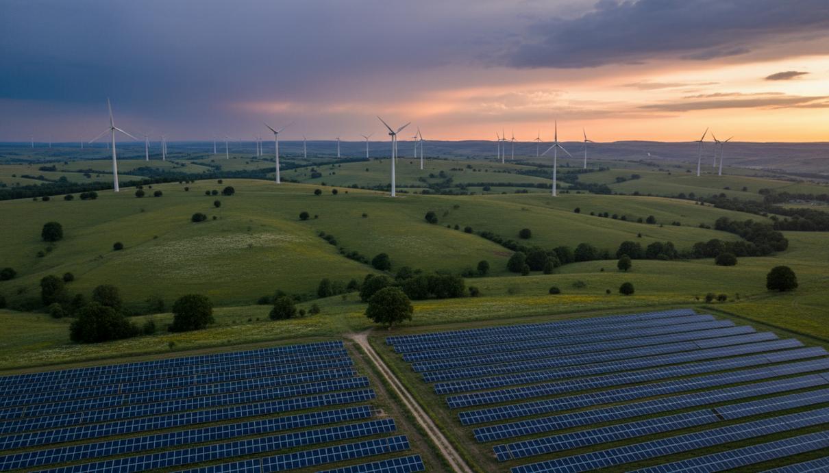 Eurowind Energy согласовала подключение 2,3 ГВт ВИЭ-мощностей в Румынии Современные ветряные турбины и солнечные панели на фоне холмистого пейзажа Румынии.