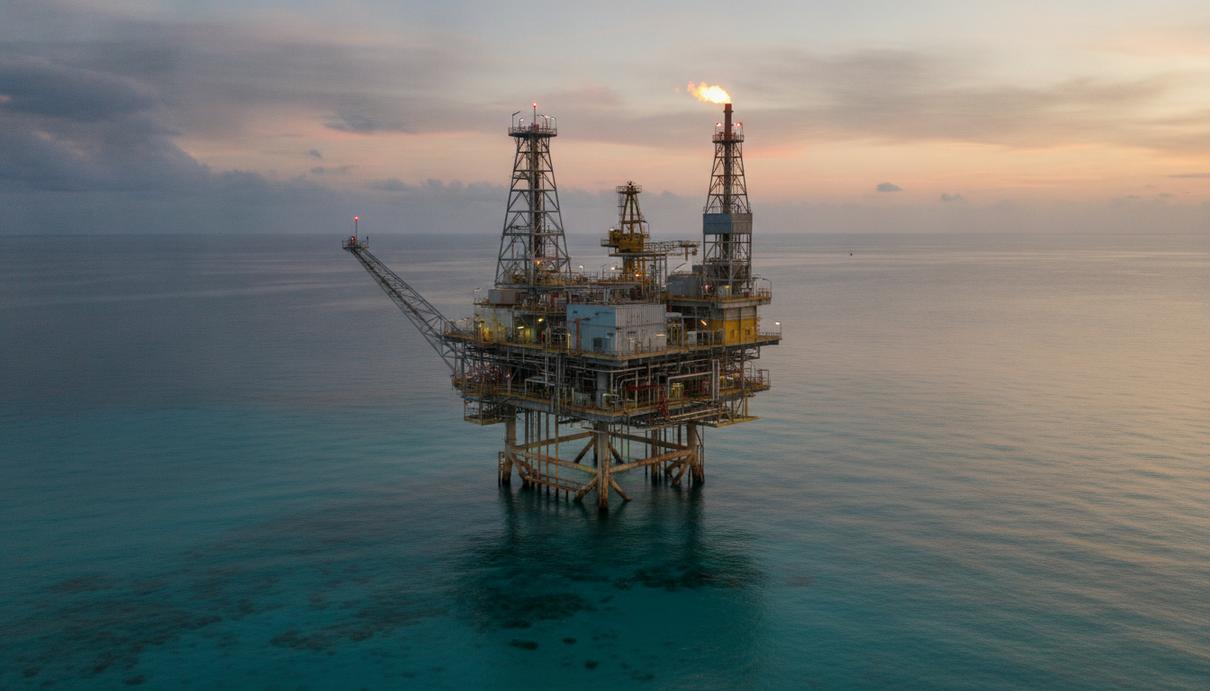 Морская газодобывающая платформа в Карибском море на рассвете, вид на промышленные сооружения и океан.